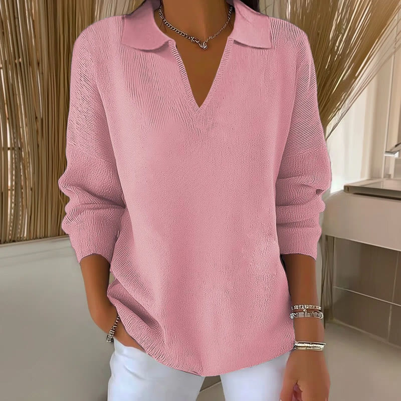 Women's Casual Solid Color Collared Long Sleeved Sweater - Pink - 5XL - image 2