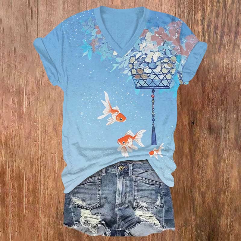 Creative Flower Lantern & Goldfish Art Print V-neck T-shirt - Blue - US32-34(5XL) - image 2