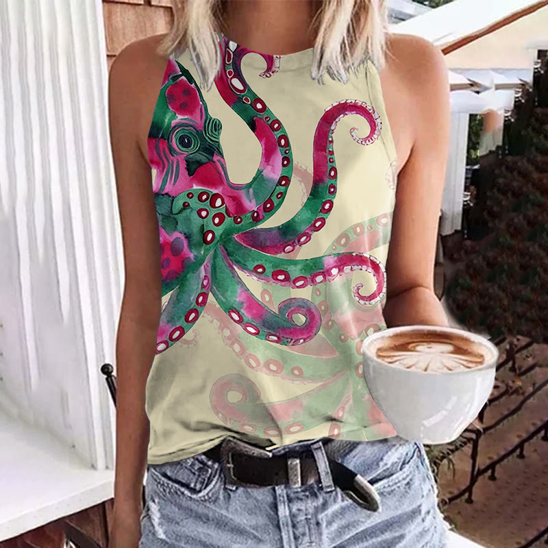 Watercolor Art Octopus Pattern Print Crew Neck Tank Top - Apricot - 5XL - image 3
