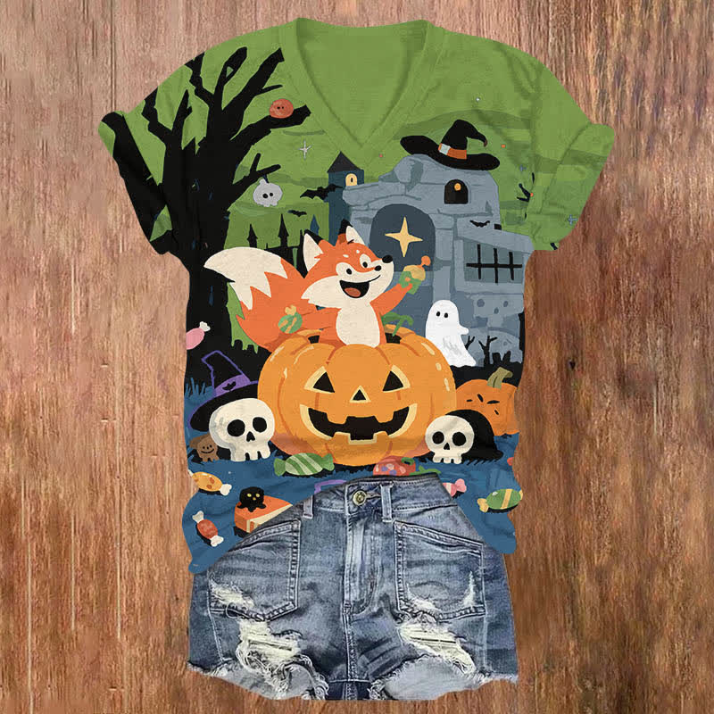 Halloween Cartoon Fox In A Pumpkin Print V-neck T-shirt - Green - US32-34(5XL) - image 4