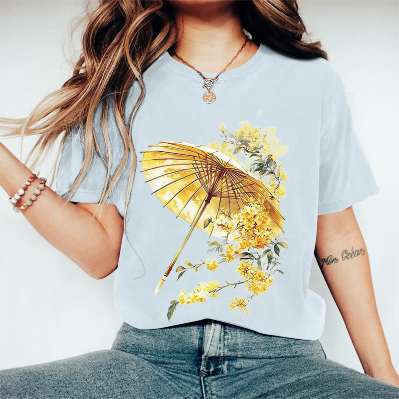 100% Cotton Women's Japanese Style Floral Umbrella Art Print Casual T-shirt - Blue - 2XL - image 4