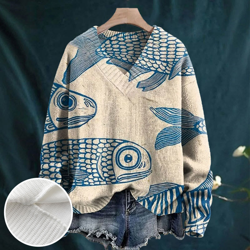 Blue Minimalist Line Fish Print Causal V-neck Pullover Unisex Sweater - image 2
