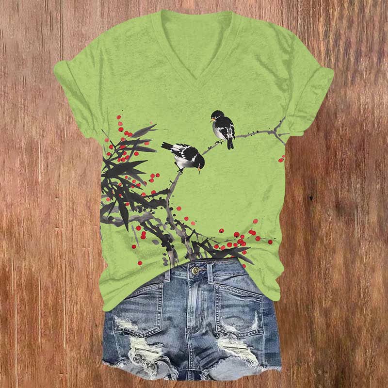 Japanese Vintage Bird Art Print V-neck T-shirt - Green - US32-34(5XL) - image 4