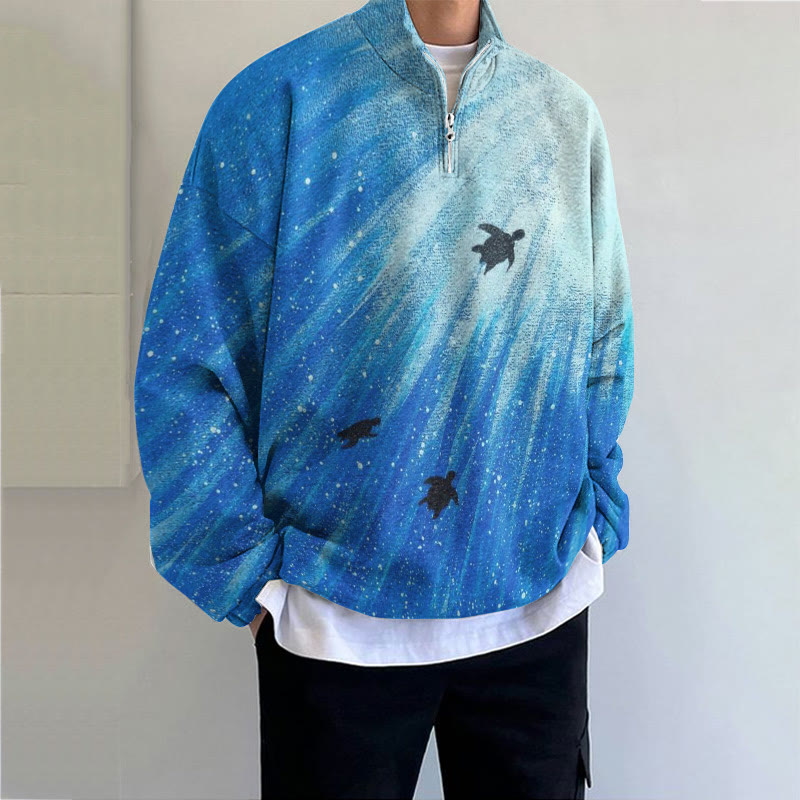 Turtle Ombre Oil Painting Print Zipper Sweatshirt - Blue - 5XL - image 1