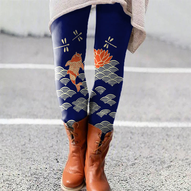 Dashingsoul Japanese Style Koi Fish Dragonfly Wave Art Print Women's Leggings