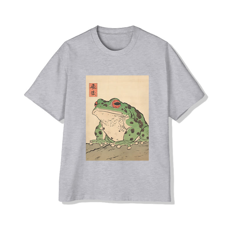 UnisexJapanese Retro Frog Print Short Sleeved Crew Neck T-Shirt - Grey - 2XL - image 3