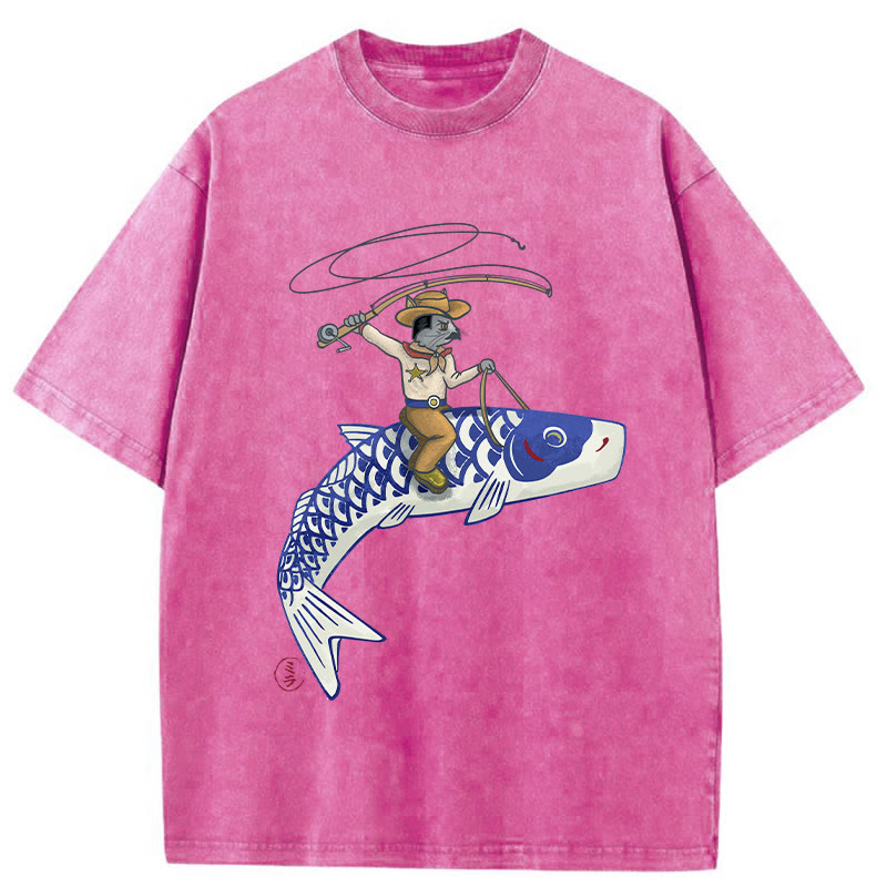 Unisex 100% Cotton Cowboy Mouse Ride Fish Print Acid Washed T-shirt - Pink - 3XL - image 6