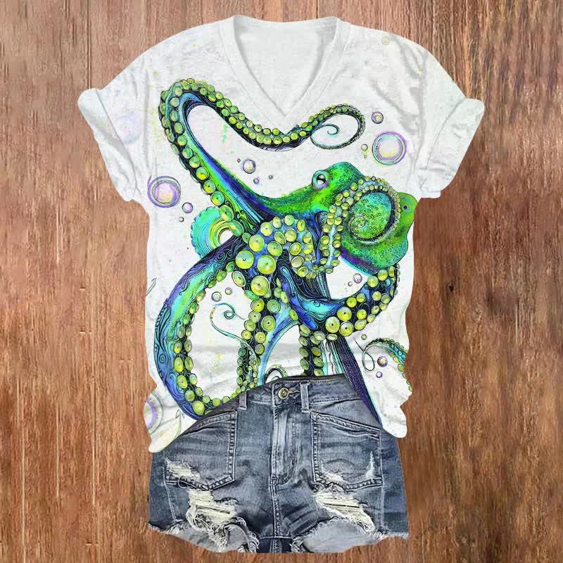 Watercolor Bubble Octopus Art Print V-neck T-shirt - White - US32-34(5XL) - image 2