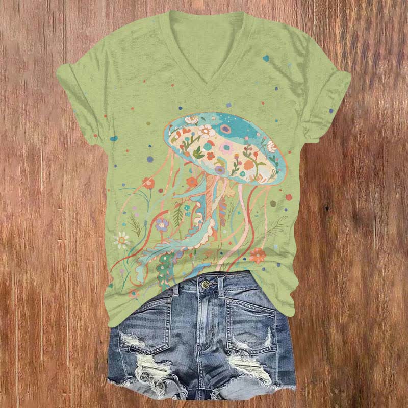 Japanese Creative Floral Jellyfish Art Print V-neck T-shirt - Green - US32-34(5XL) - image 5