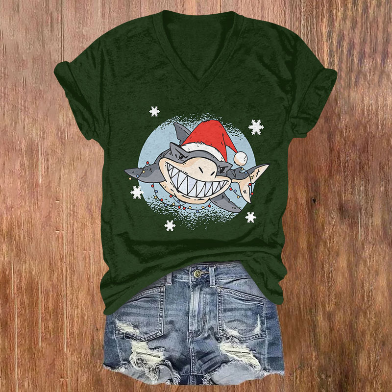 Shark Wearing Santa Hat Christmas Print V-neck T-shirt - Green - US32-34(5XL) - image 2