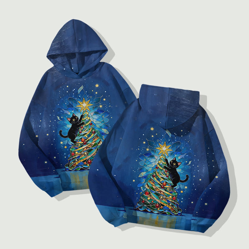 Cute Black Cat Climbing On Christmas Tree Art Print Long Sleeve Hoodie - image 4