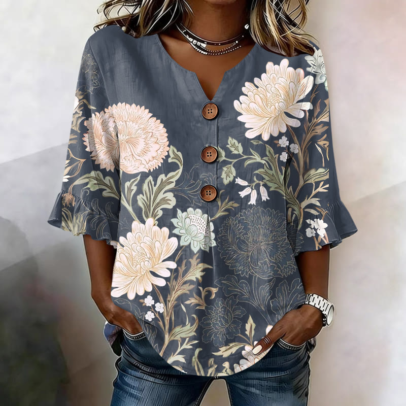 Vintage Style Floral Print Button V-neck Blouse With Ruffle Sleeves - Blue - US32-34(5XL) - image 3