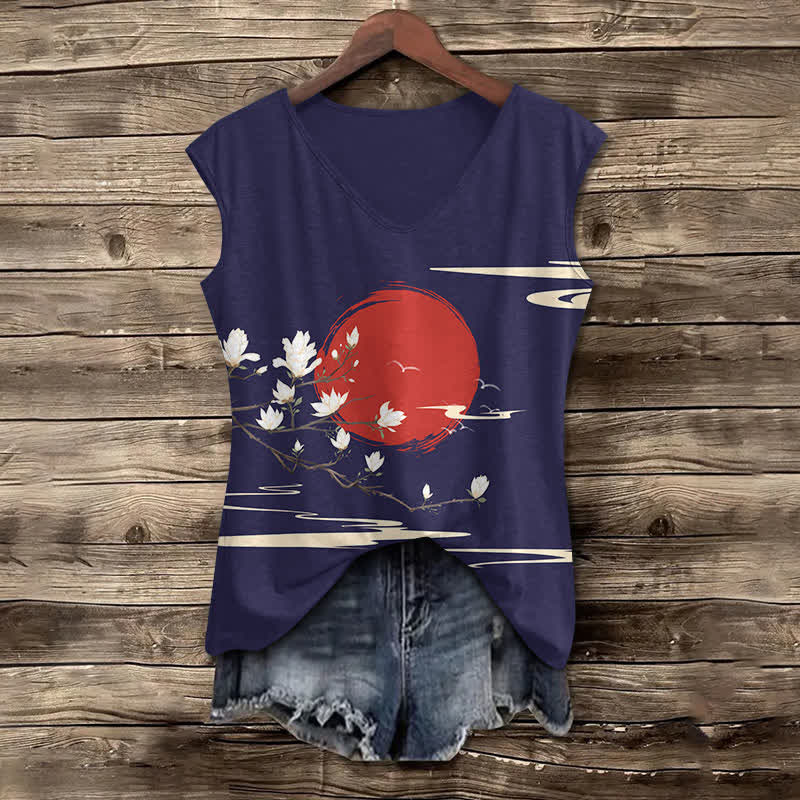 Women's Japanese Sun & Pear Blossom Art Print V-neck Tank Top - Blue - 5XL - image 2