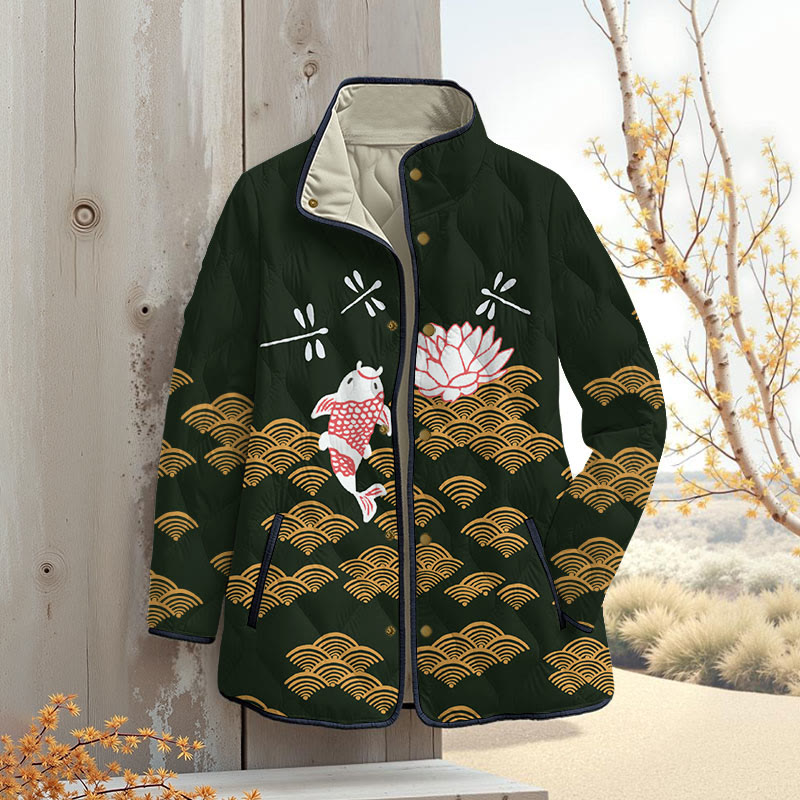 Japanese Style Koi Fish Dragonfly Wave Art Print Outerwear Jackets - Dark Green - 4XL - image 7