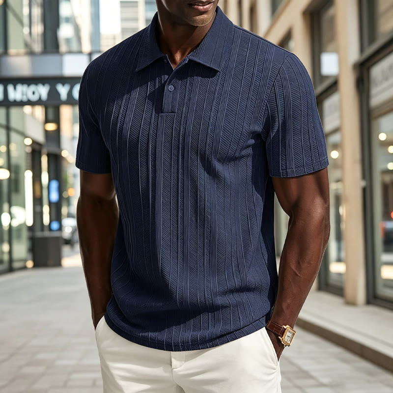 Solid Striped Textured Stretch Short-sleeve Polo Shirt - Dark Blue - 2XL - image 5