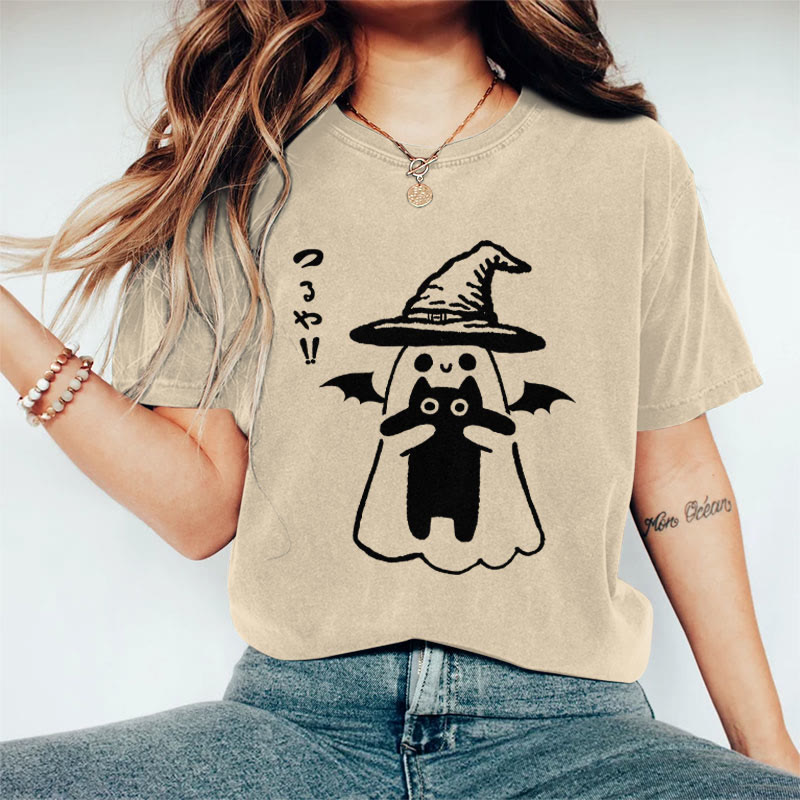 100% Cotton Women's Halloween Ghost Holding Black Cat Art Print Casual T-shirt - Khaki - 2XL - image 5