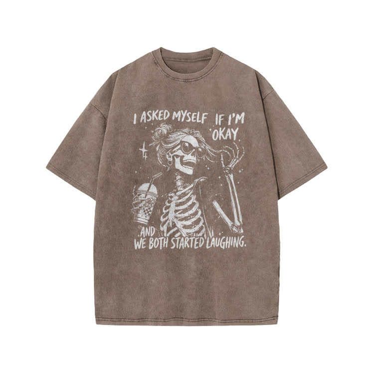 I Asked Myself If I’m Okay Skeleton Print Acid Washed T-shirt - Coffee - US20-22(3XL) - image 7