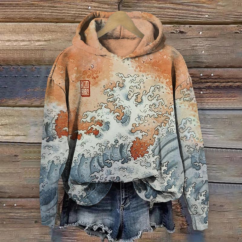 Japanese Retro Waves Paint Long Sleeve Hoodie - Orange - 8XL - image 1