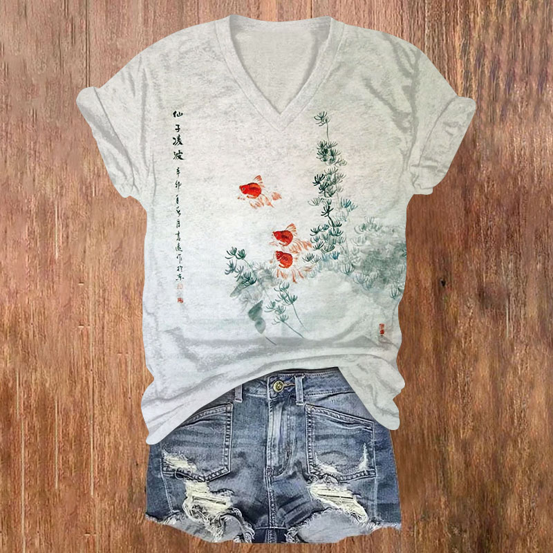 Japanese Koi Landscape Print T-shirt - Apricot - 5XL - image 1