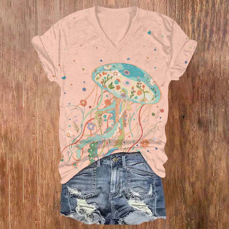 Japanese Creative Floral Jellyfish Art Print V-neck T-shirt - Pink - US32-34(5XL) - image 4