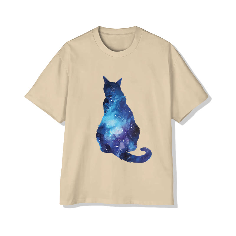 Unisex Aurora Cat Silhouette Print Short Sleeved Crew Neck T-shirt - Apricot - 2XL - image 3