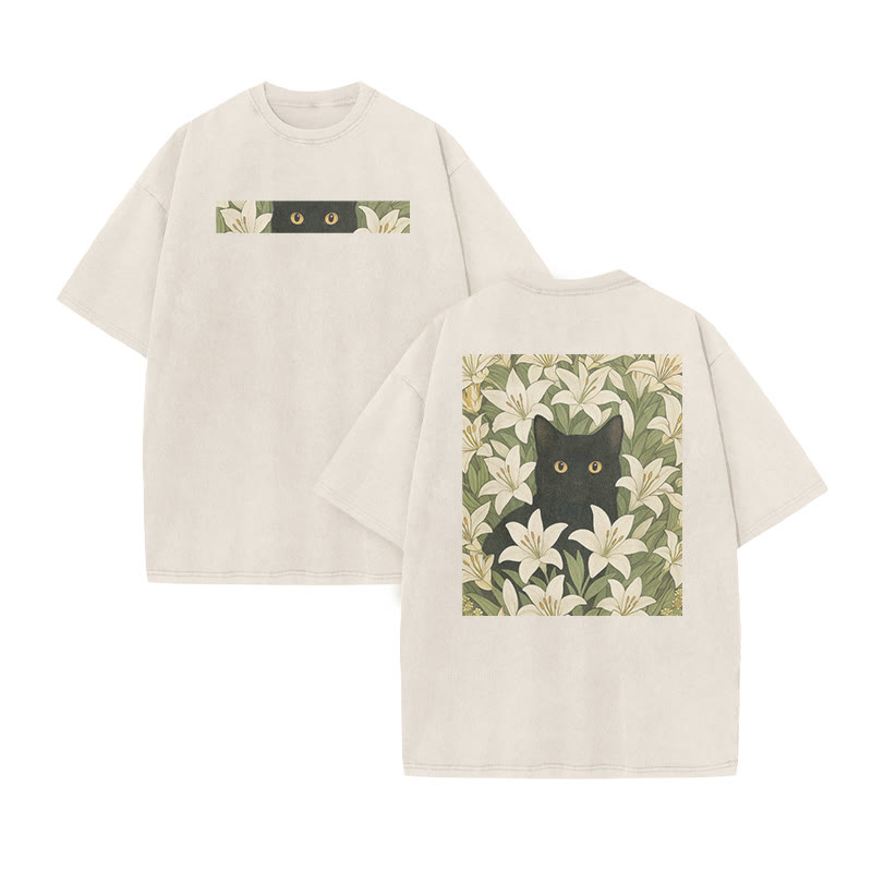 A Black Cat In A Field Of White Lilies Print Acid Washed T-shirt - Beige - US20-22(3XL) - image 4