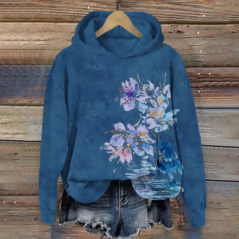 Watercolor Flower Print Long Sleeve Hoodie - Navy Blue - US44-46(8XL) - image 2