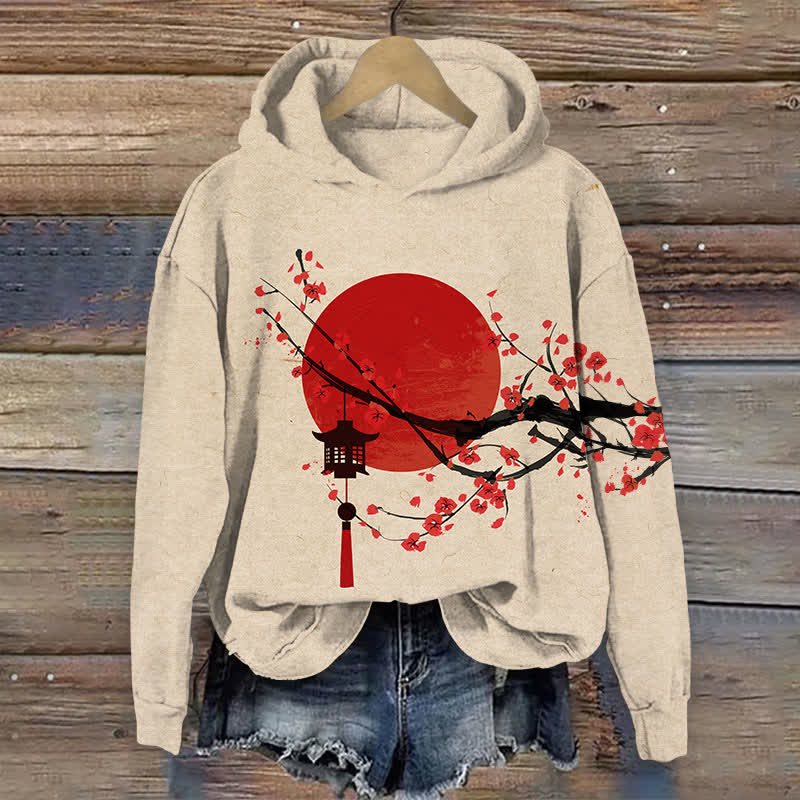 Japanese Sun & Lantern On Plum Blossom Art Print Long Sleeve Hoodie - Apricot - US44-46(8XL) - image 3