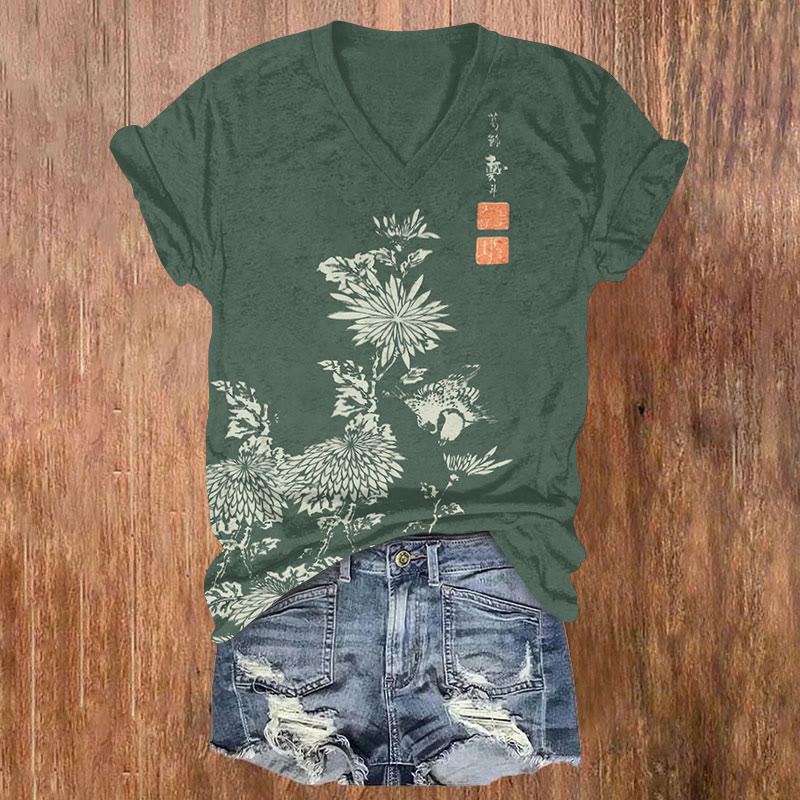 Vintage Chrysanthemum Print V-neck T-shirt - Green - 5XL - image 5