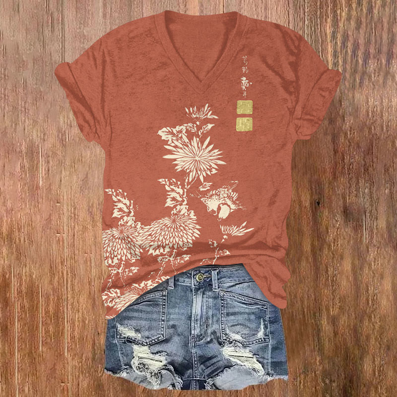 Vintage Chrysanthemum Print V-neck T-shirt - Orange - 5XL - image 3