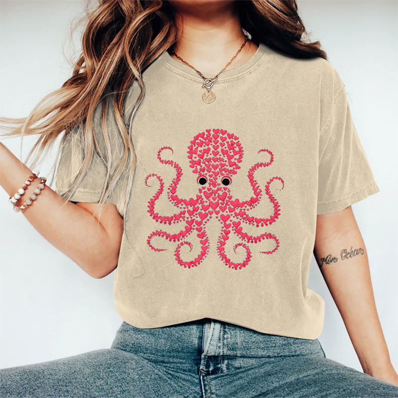 100% Cotton Valentine's Day Octopus Heart T-shirt - Apricot - 2XL - image 5