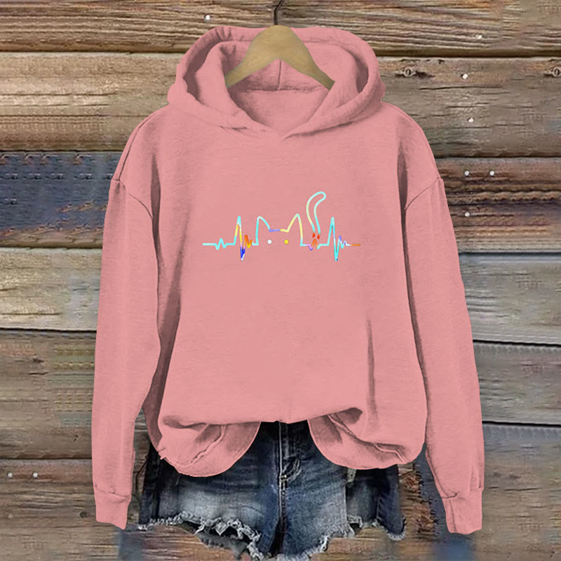 Rainbow ECG Cat Print Long Sleeve Hoodie - Pink - 8XL - image 4