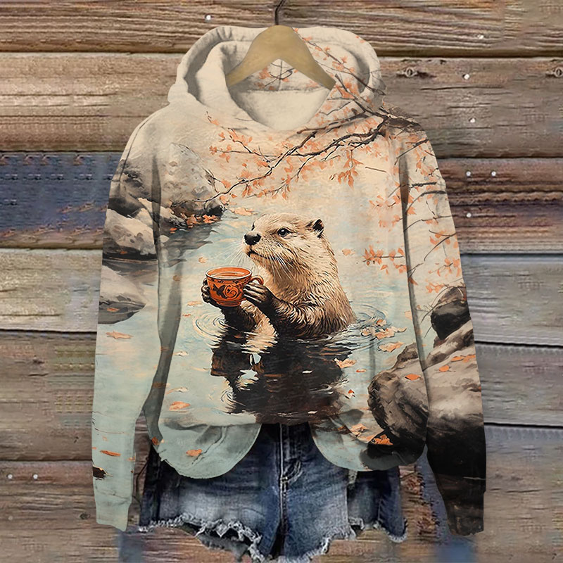 Japanese otter Print Long Sleeve Hoodie - Apricot - 8XL - image 1