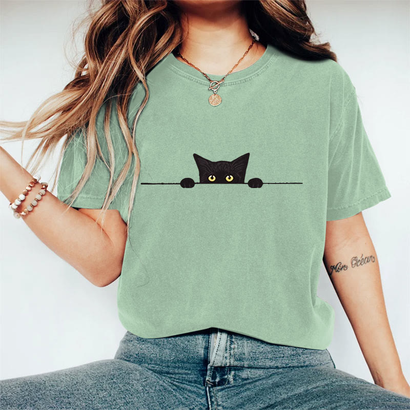 100% Cotton Women's Casual Black Cat Print Casual T-shirt - Green - 2XL - image 5