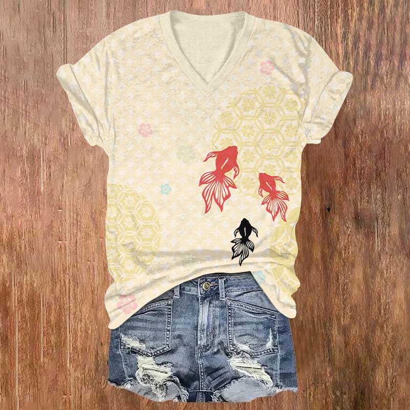Japanese Vintage Geometric Floral & Goldfish Print V-neck T-shirt - Yellow - US32-34(5XL) - image 4