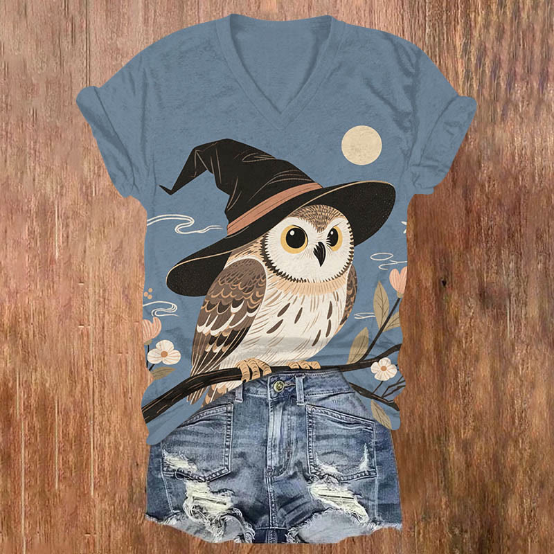 Halloween Wizard Hat Owl & Full Moon Print V-neck T-shirt - Blue - US32-34(5XL) - image 2