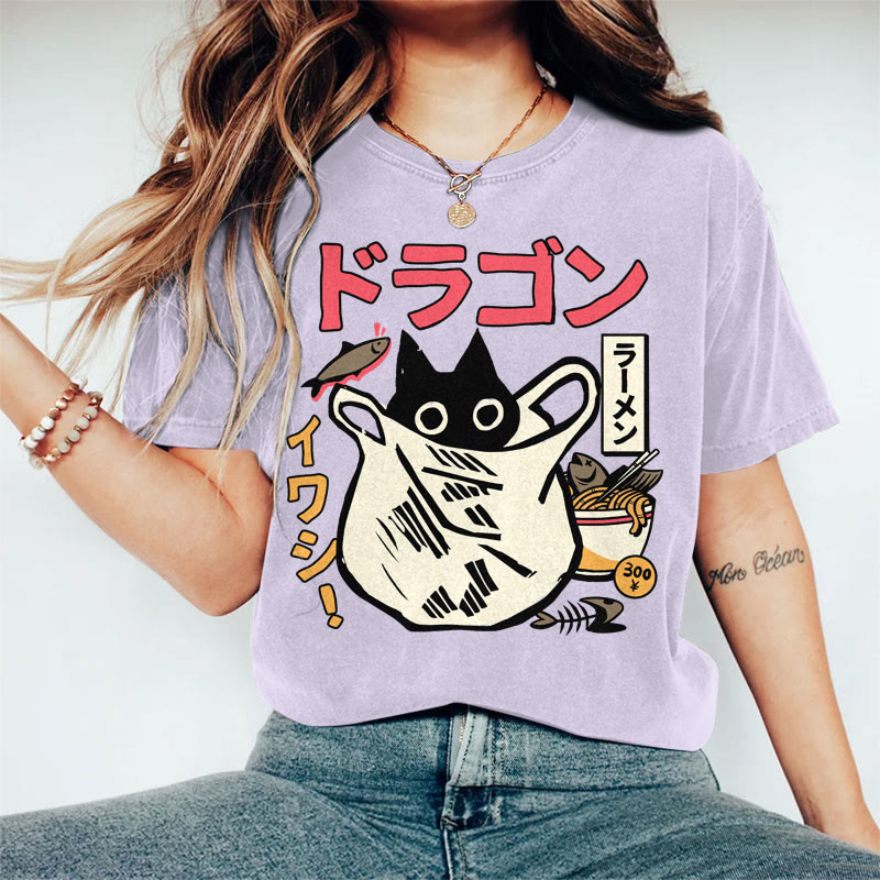 100% Cotton Women's Japanese Funny Cat & Fish Noodle Art Print Casual T-shirt - Purple - 2XL - image 2