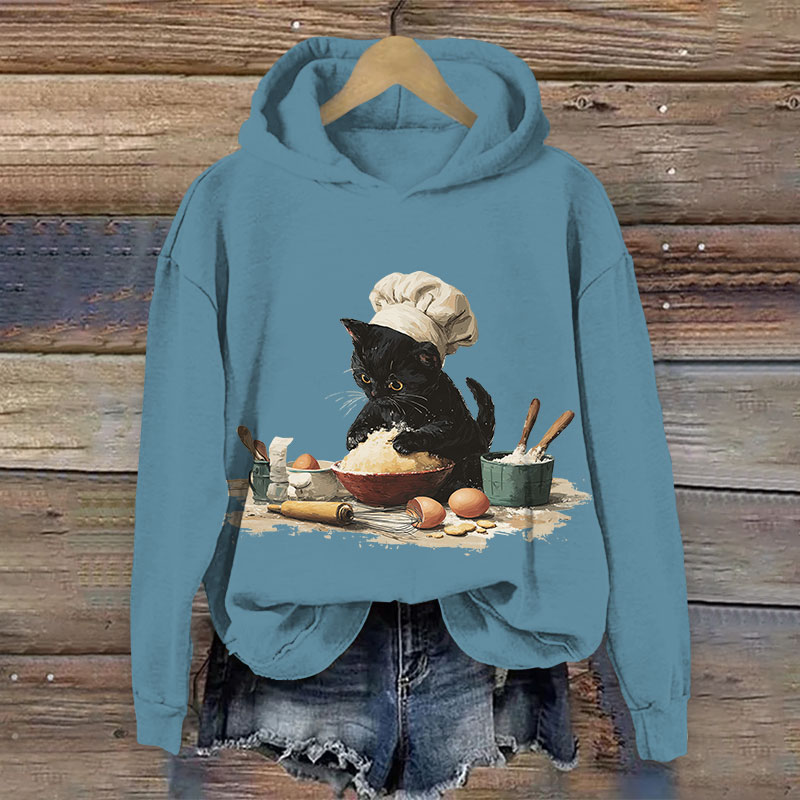 Creative Chef Cat Kneading Dough Art Print Long Sleeve Hoodie - Blue - US44-46(8XL) - image 3