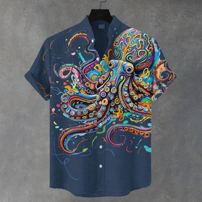 Men's Vintage Rainbow Octopus Print Casual Shirt - Navy Blue - 5XL - image 5