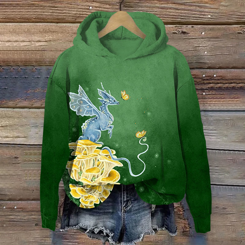 Western Dragon & Mushroom Print Long Sleeve Hoodie - Dark Green - US44-46(8XL) - image 2