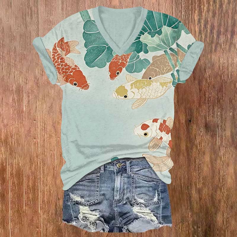 Funny Koi Fish Lotus Pond Art Print V-neck T-shirt - Light Green - US32-34(5XL) - image 2