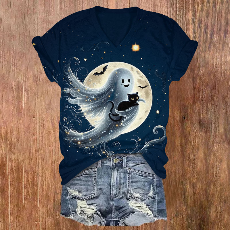 Halloween Ghoat Print V-neck T-shirt - Navy Blue - US32-34(5XL) - image 1