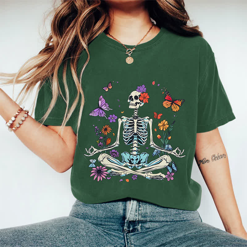 100% Cotton Women's Halloween Skeleton Man Surrounded By Flower & Butterfly Art Print Casual T-shirt - Dark Green - 2XL - image 9