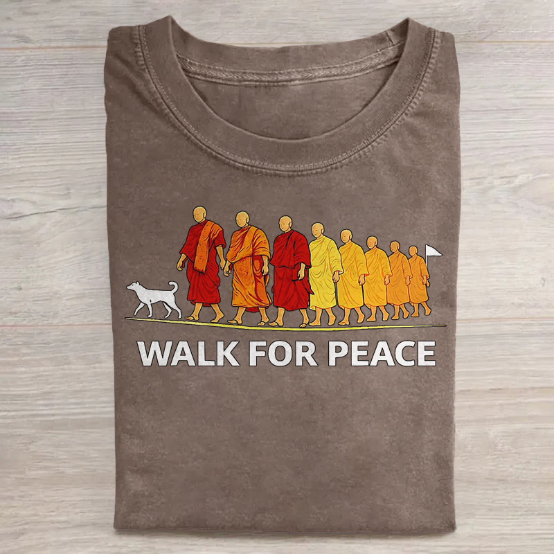 unisex Walk for Peace Monk Pattern Art Print Acid Washed T-shirt - Khaki - US20-22(3XL) - image 5
