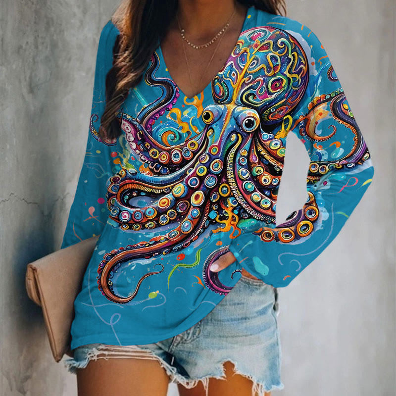 Vintage Rainbow Octopus Art Print Long Sleeve T-shirt - Lake Blue - 5XL - image 6