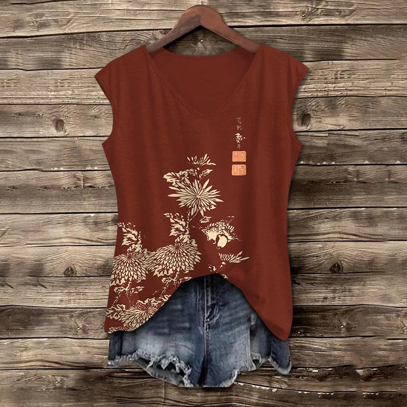 Vintage Chrysanthemum Print V-neck Tank Top - Red - 5XL - image 4