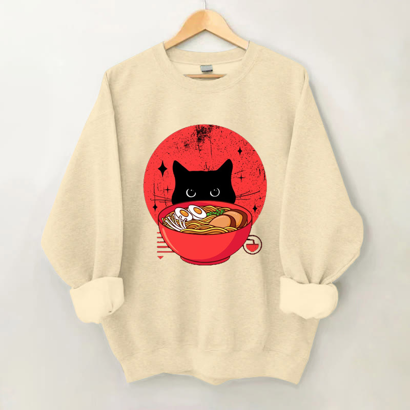 100% Cotton Japanese Cute Cat And Ramen Print Crew Neck Sweatshirt - Apricot - 2XL - image 1