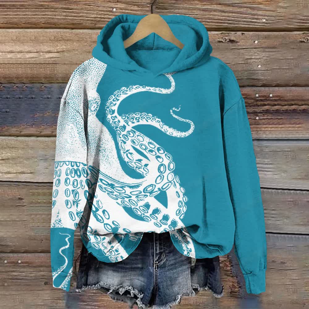 Japanese Art Octopus Graphic Print Casual Long Sleeve Hoodie - Lake Blue - 8XL - image 5