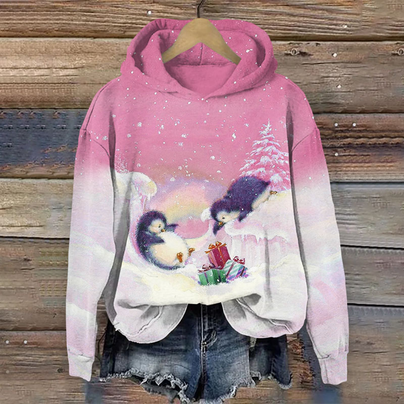 Penguin Looking At Christmas Gifts Print Long Sleeve Hoodie - Pink - US44-46(8XL) - image 3