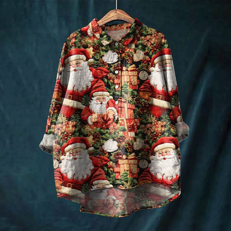 Women's Lovely Christmas Santa Gifts Art Print Casual Lapel Blouse - image 2